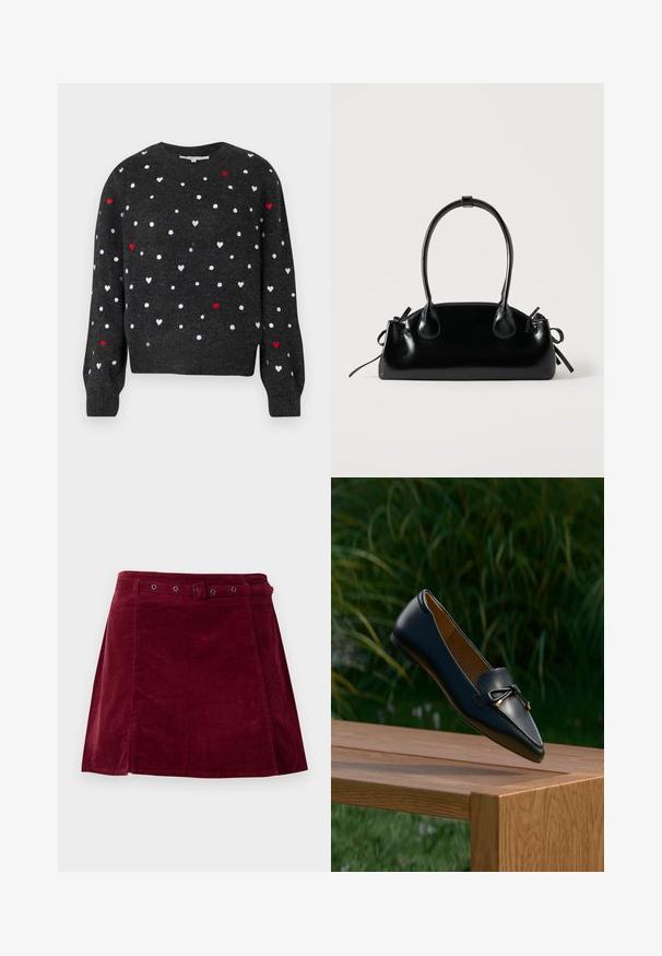 Pull en maille gris foncé avec des motifs de cœurs blancs et rouges, col rond, manches longues et poignets côtelés pour plus de texture.; Jupe en velours côtelé rouge foncé avec une ceinture assortie et des œillets métalliques, présentant une légère forme trapèze et un détail sur le panneau avant.; Mocassin en cuir noir avec un détail en nœud flottant au-dessus d'un banc en bois, avec de l'herbe verte et des plantes en arrière-plan.; Petit sac à main noir brillant avec deux longues anses et des détails à cordon sur les côtés sur un fond clair uni.