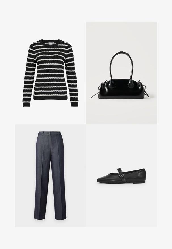 Pull rayé noir et blanc, texture tricotée, col rond, manches longues, poignets et ourlet côtelés, présentant des rayures larges et étroites alternées.; Pantalons larges gris foncé en tissu lisse, dotés d'une fermeture à bouton à l'avant, de plis tailleur et de poches élégantes.; Chaussure plate en cuir noir avec un bout arrondi, une seule sangle réglable à boucle et une texture lisse et brillante. Design minimaliste avec un petit talon.; Petit sac à main noir brillant avec deux longues anses et des détails à cordon sur les côtés sur un fond clair uni.