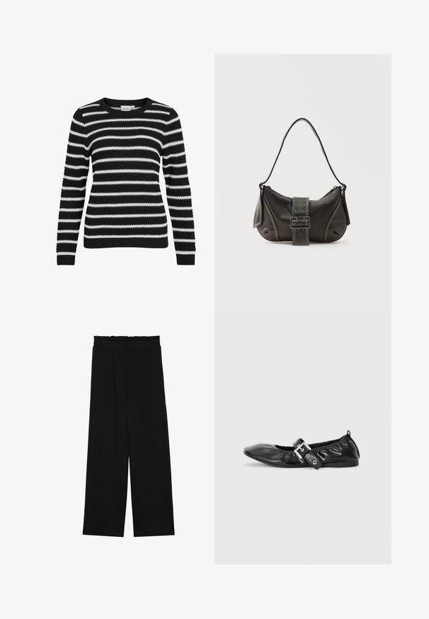 Gestreifter Pullover in Schwarz und Weiß, gestrickte Textur, runder Ausschnitt, lange Ärmel, Rippbündchen und -saum, mit abwechselnd breiten und schmalen Streifen.; Schwarze weit geschnittene Hose mit einem gerüschten Bund, ausgestattet mit zwei Seitentaschen und einem glatten, leichten Stoff. Keine sichtbaren Muster oder Beschläge.; Schwarze Leder-Ballerinas mit spitzem Zehenbereich, gerafften Details am Schaft und einem silbernen Schnallenakzent am verstellbaren Riemen.; Schwarze Leder-Schultertasche mit Schnallengurt-Detail, abgerundeten Kanten und kontrastierenden weißen Nähten auf schlichtem Hintergrund.