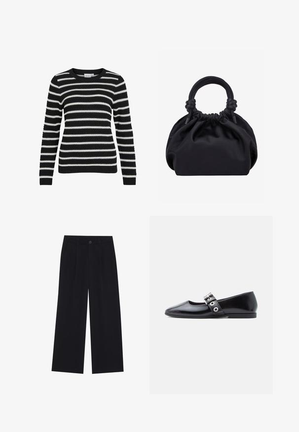 Pull rayé noir et blanc, texture tricotée, col rond, manches longues, poignets et ourlet côtelés, présentant des rayures larges et étroites alternées.; Pantalons larges noirs en tissu lisse. Comprend des plis à l'avant, une fermeture à bouton et des poches latérales. Design simple sans motifs.; Chaussure plate en cuir verni noir avec bout carré, détail de boucle sur le côté et petit talon arrondi. Texture lisse et design minimaliste.; Sac à main en tissu noir doux avec haut froncé et poignées circulaires rembourrées nouées de chaque côté.