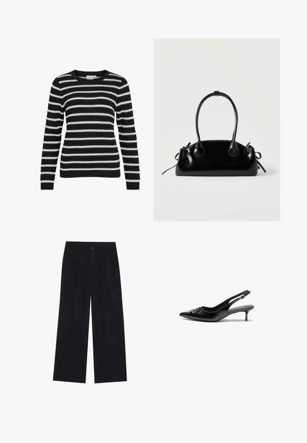 Sort og hvid stribet sweater, strikket tekstur, rund halsudskæring, lange ærmer, ribbede manchetter og kant, der har skiftende brede og smalle striber.; Sorte brede bukser lavet af et glat materiale. Har for-tryk, en knaplukning og sidelommer. Enkelt design uden mønstre.; Sorte læder slingback-pumps med spids tå, lav kitten-hæl og rynket detalje på overdelen. Glat tekstur og minimalistisk design.; Lille sort blank håndtaske med to lange håndtag og snøre-detaljer i siden på en ensfarvet lys baggrund.