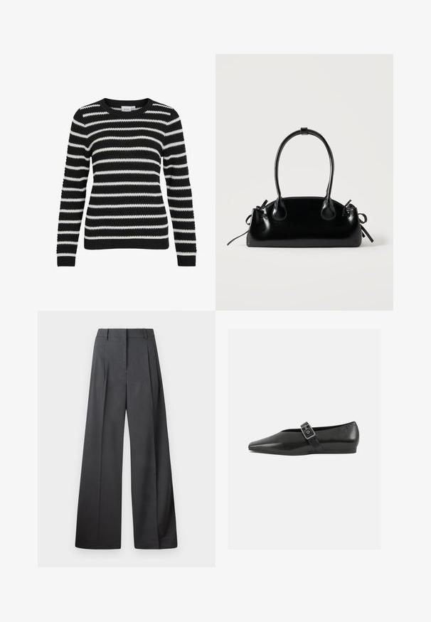 Sort og hvid stribet sweater, strikket tekstur, rund halsudskæring, lange ærmer, ribbede manchetter og kant, der har skiftende brede og smalle striber.; Bredde benbukser i mørkegrå stof, med høj talje, enkelte læg og en glat tekstur med en ren finish ved kanten.; Sorte læder flade sko med spidse tæer, prydet med en metallisk spænde over vristen og en lav, fleksibel sål.; Lille sort blank håndtaske med to lange håndtag og snøre-detaljer i siden på en ensfarvet lys baggrund.