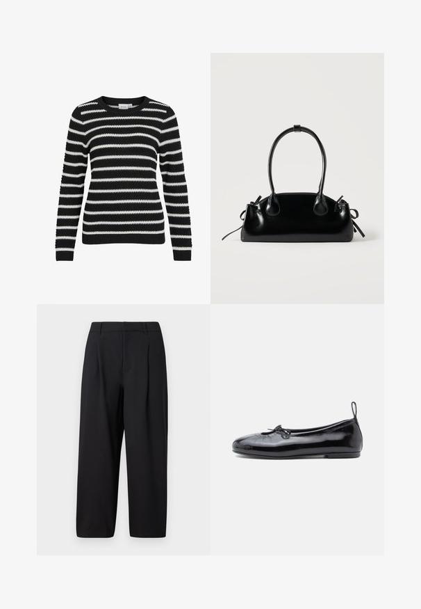 Sort og hvid stribet sweater, strikket tekstur, rund halsudskæring, lange ærmer, ribbede manchetter og kant, der har skiftende brede og smalle striber.; Sorte bukser med en afslappet pasform, plisseret front, glat talje og blød tekstur. Klippet til en cropped længde, velegnet til både formelt og afslappet brug.; Sorte patenterede læder ballet flats med rund tå, lille sløjfedetalje og glat tekstur; har en lav flad sål og en træksløjfe ved hælen.; Lille sort blank håndtaske med to lange håndtag og snøre-detaljer i siden på en ensfarvet lys baggrund.