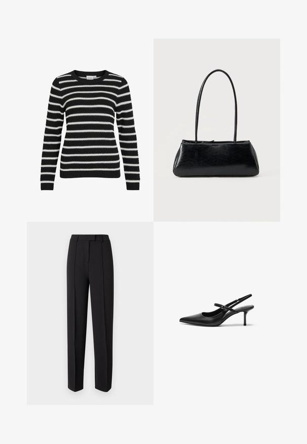 Sort og hvid stribet sweater, strikket tekstur, rund halsudskæring, lange ærmer, ribbede manchetter og kant, der har skiftende brede og smalle striber.; Sorte skræddersyede bukser med en glat tekstur, der har en lige pasform, bæltestropper og to forreste plisseringer for ekstra detalje.; Sorte læder slingback hæle med spids tå, slank justerbar rem og en stiletto hæl på cirka 5 cm, glat tekstur.; Sort rektangulær skuldertaske med lange tynde stropper og en glat, blank tekstur på en ensfarvet baggrund.