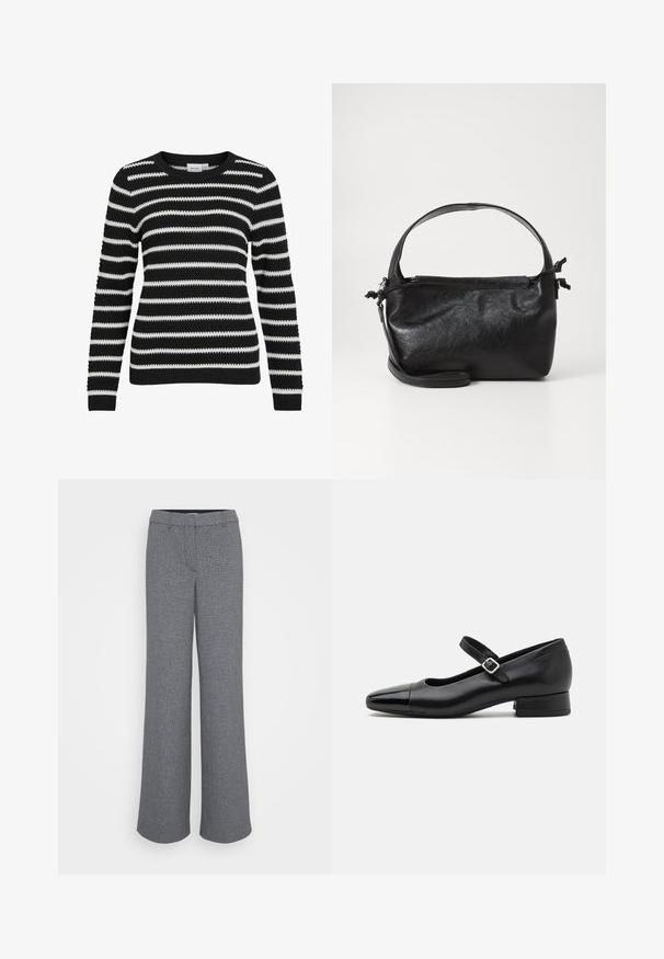 Sort og hvid stribet sweater, strikket tekstur, rund halsudskæring, lange ærmer, ribbede manchetter og kant, der har skiftende brede og smalle striber.; Grå brede bukser lavet af tekstureret stof, med en frontlomme, bæltestropper og en tætsiddende talje.; Sorte læder Mary Jane-sko med en patenttå, justerbar ankelrem og lav blokhæl. Glat tekstur og strømlinet design.; Sort læderhåndtaske med et struktureret design, rund tophåndtag og aftagelig skulderrem. Den har en glat tekstur og en subtil glans.