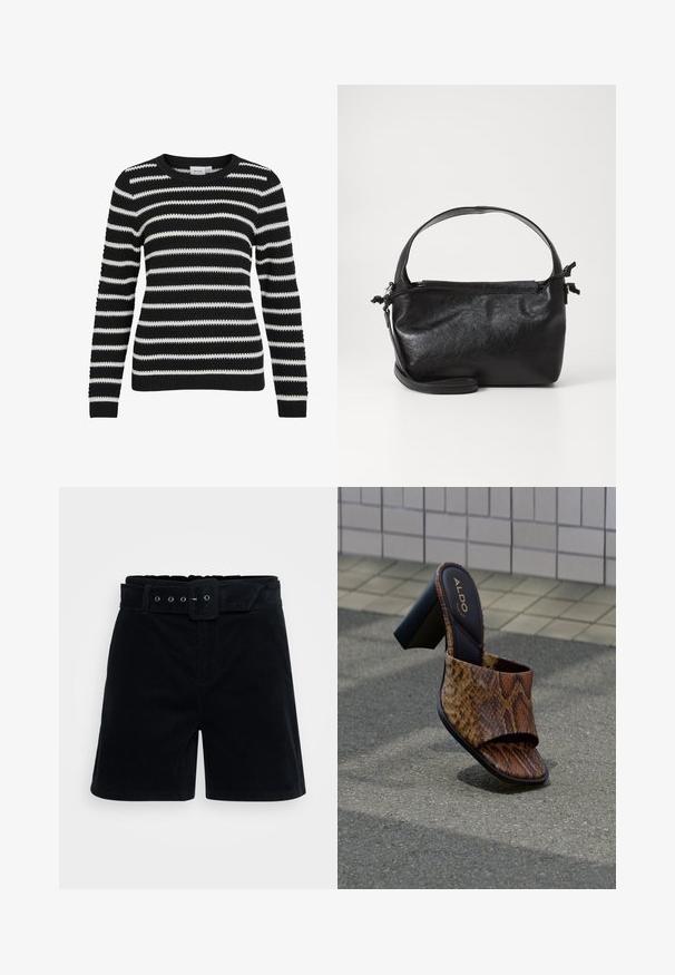 Gestreifter Pullover in Schwarz und Weiß, gestrickte Textur, runder Ausschnitt, lange Ärmel, Rippbündchen und -saum, mit abwechselnd breiten und schmalen Streifen.; ONLY Tall ONLNESSA BELT - Shorts - black; Braune offene High-Heel-Mule mit Schlangenhautmuster und schwarzem Blockabsatz auf strukturiertem Pflaster nahe einer gefliesten Wand.; Schwarze Lederhandtasche mit strukturiertem Design, rundem Haltegriff und abnehmbarem Schulterriemen. Sie weist eine glatte Oberfläche und einen subtilen Glanz auf.