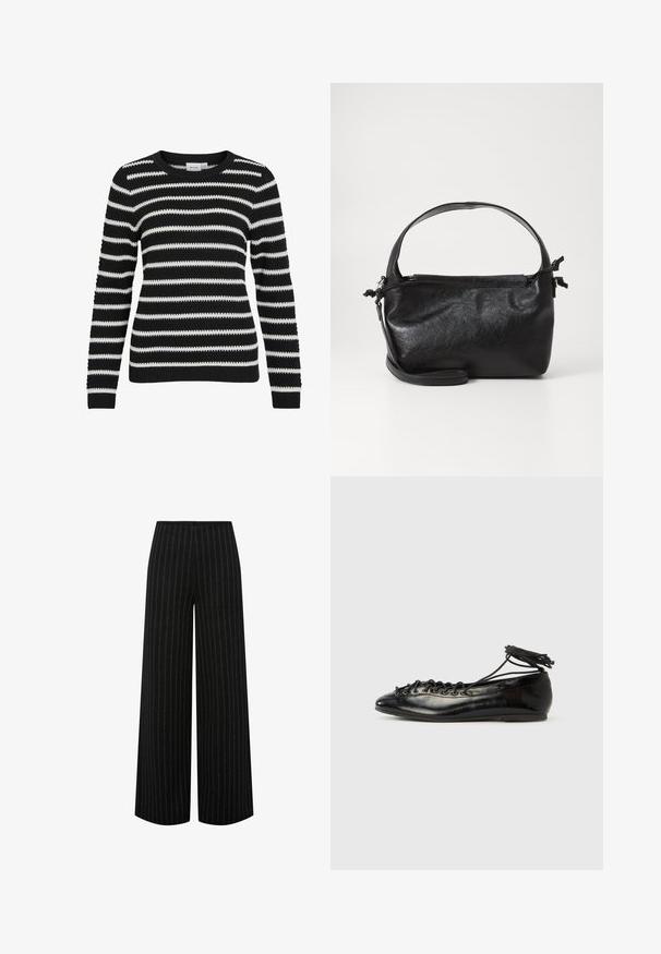 Pull rayé noir et blanc, texture tricotée, col rond, manches longues, poignets et ourlet côtelés, présentant des rayures larges et étroites alternées.; Pantalon noir à jambes larges avec des fines rayures verticales blanches et une taille haute, présenté à plat sur un fond blanc.; Ballerines en cuir verni noir avec un bout rond, un design à lacets et une semelle plate. Texture lisse avec peu de détails.; Sac à main en cuir noir au design structuré, avec une poignée arrondie et une bandoulière amovible. Présente une texture lisse et un éclat subtil.