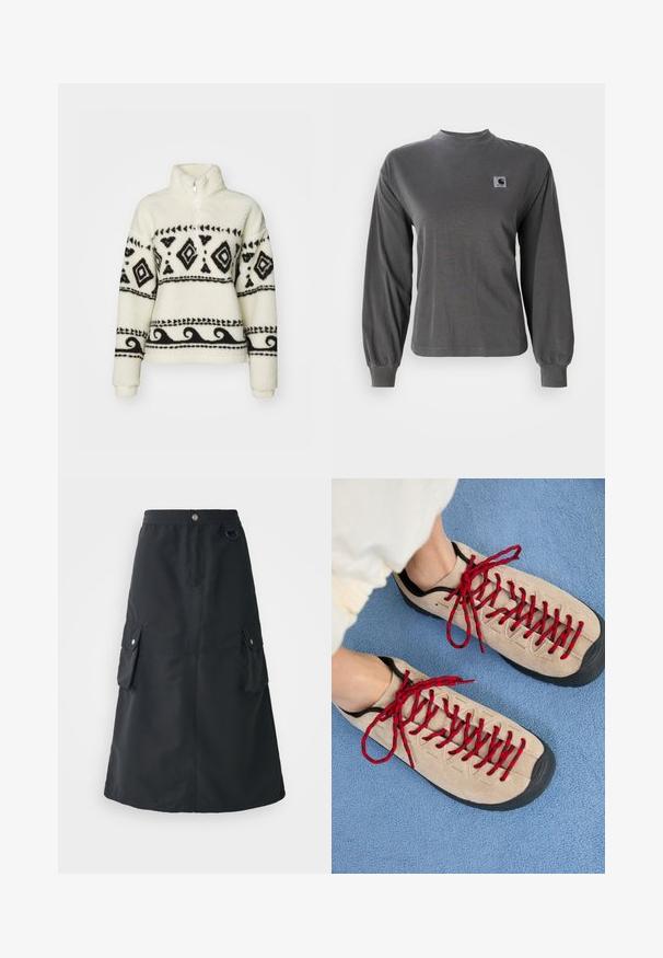 Pull-over en polaire crème avec des motifs tribaux noirs. Doté d'un col zippé mi-hauteur et de manches longues. Texture douce et coupe décontractée.; T-shirt à manches longues gris en coton, avec un col rond et des poignets élastiques, arborant un petit logo carré sur la poitrine.; Jupe noire mi-mollet en tissu léger, dotée d'une taille élastique, de deux poches cargo et d'un léger brillant.; Des chaussures beiges avec des lacets rouges, posées sur une surface bleue texturée, révèlent partiellement la cheville d'une personne. Les chaussures ont un design sportif.