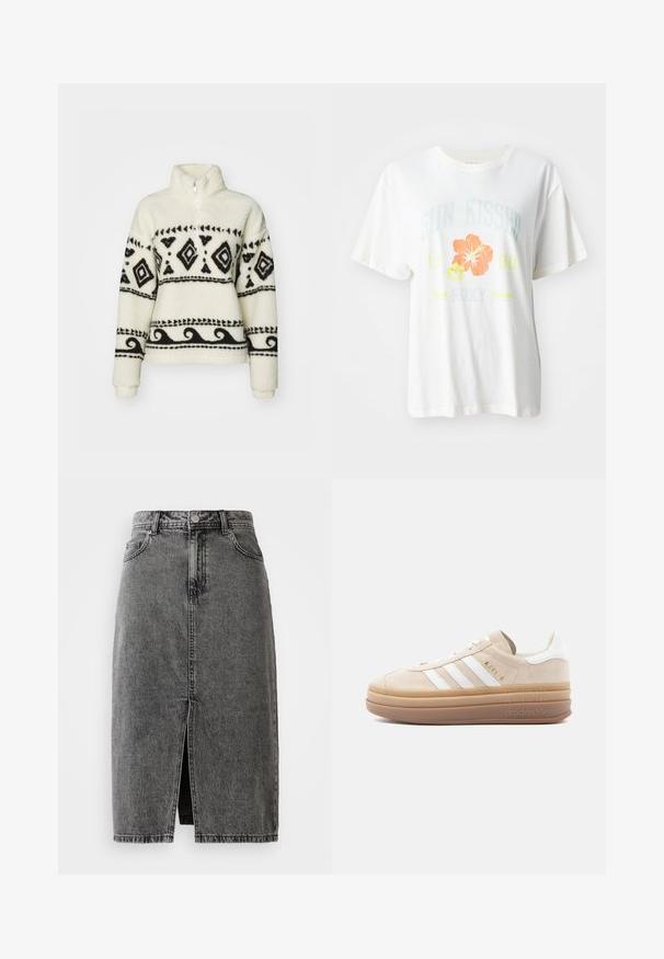 Pull-over en polaire crème avec des motifs tribaux noirs. Doté d'un col zippé mi-hauteur et de manches longues. Texture douce et coupe décontractée.; T-shirt en coton blanc avec un imprimé graphique de fleurs tropicales en orange et jaune, et le texte "SUN KISSED 1990 Roxy."; Jupe midi en denim noir délavé, taille haute, avec fente frontale, passants de ceinture et design classique à cinq poches.; Baskets en daim beige avec accents en cuir blanc, présentant trois rayures blanches, un logo doré et une semelle en caoutchouc épaisse et translucide.