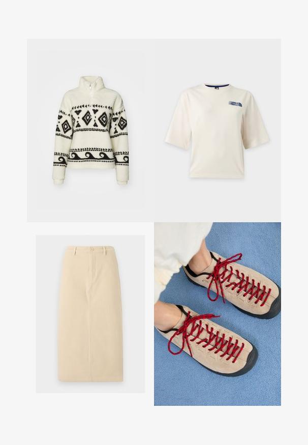 Pull-over en polaire crème avec des motifs tribaux noirs. Doté d'un col zippé mi-hauteur et de manches longues. Texture douce et coupe décontractée.; T-shirt blanc à manches courtes avec un petit logo bleu The North Face sur la partie supérieure gauche de la poitrine.; Jupe beige jusqu'aux genoux en tissu robuste, dotée d'une fermeture à boutons sur le devant et de détails de couture verticaux subtils.; Des chaussures beiges avec des lacets rouges, posées sur une surface bleue texturée, révèlent partiellement la cheville d'une personne. Les chaussures ont un design sportif.