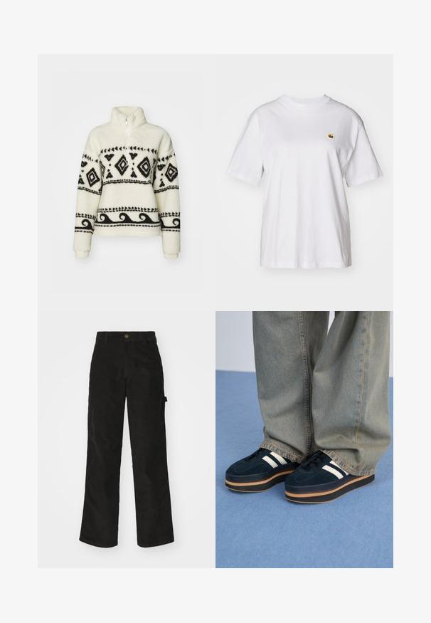 Pull-over en polaire crème avec des motifs tribaux noirs. Doté d'un col zippé mi-hauteur et de manches longues. Texture douce et coupe décontractée.; T-shirt en coton blanc avec une coupe décontractée, des manches courtes et un petit logo brodé sur la poitrine gauche.; Pantalon en velours côtelé noir avec une coupe droite, doté d'une fermeture à bouton et de poches latérales. Texture lisse avec de fines rayures verticales.; Baskets plateforme en suédine bleu foncé avec des rayures blanches et des lacets noirs. Dotées d'une épaisse semelle en caoutchouc brun. Portées avec un pantalon en denim bleu clair.