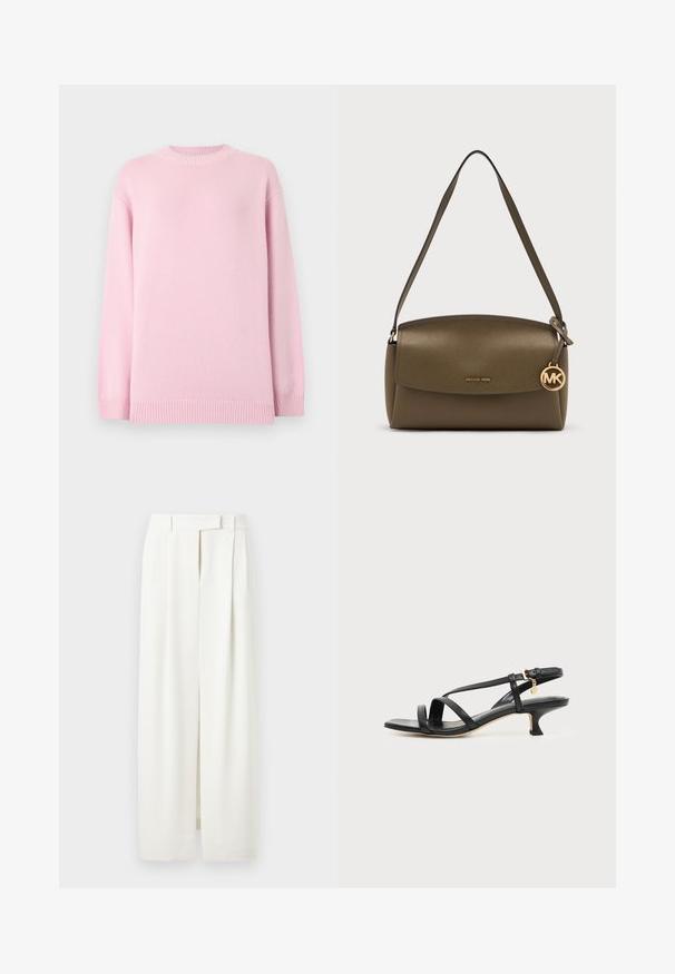 Pull rose clair à manches longues en tricot avec encolure ronde, poignets et ourlet côtelés, présenté sur un fond gris clair uni.; Pantalon blanc à jambes larges avec plis, passants pour ceinture et fermeture avant cachée, présenté sur un fond uni.; Sandale noire en cuir à brides fines, talon bas kitten, boucle à la cheville et petit pendentif doré sur fond clair uni.; Sac à bandoulière en cuir vert olive avec fermeture à rabat et pendentif doré avec le logo Michael Kors suspendu à la sangle.