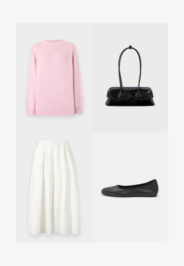 Pull rose clair à manches longues en tricot avec encolure ronde, poignets et ourlet côtelés, présenté sur un fond gris clair uni.; Jupe blanche longueur cheville avec taille élastique, plis légers et broderie florale subtile près de l'ourlet festonné.; Ballerines en cuir noir avec un bout rond, texture lisse, détails de couture minimalistes et design de semelle flexible.; Sac à main en cuir noir avec deux poignées allongées, une texture lisse et une base arrondie, ornée d'accents décoratifs sur les côtés.