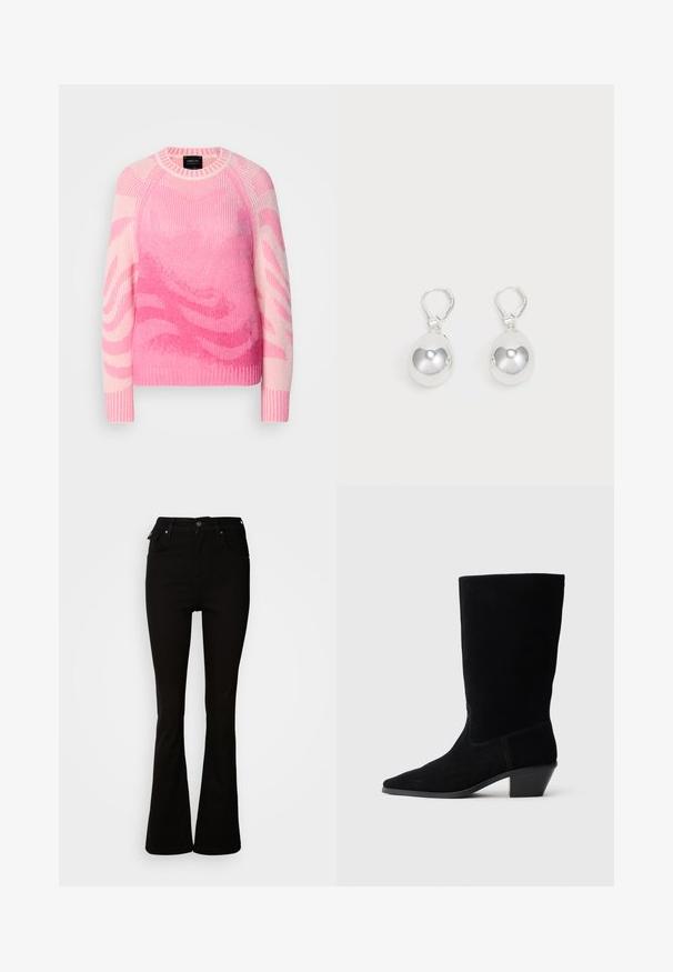 Pull en tricot rose et rose clair avec des motifs ondulés abstraits, à manches longues, et avec des poignets, un col et un ourlet côtelés.; Jean noir évasé en denim, avec une taille haute, des poches avant, et un design classique à cinq poches avec des accents en métal.; Bottine en daim noir avec un bout pointu, tige de hauteur moyenne et un talon épais. Présente des coutures minimales et une texture lisse.; Boucles d'oreilles en argent en forme de goutte avec des surfaces lisses, rondes et réfléchissantes, suspendues à des fermoirs à ressort. L'arrière-plan est blanc uni.