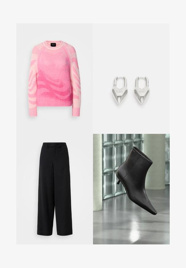 Pull en tricot rose et rose clair avec des motifs ondulés abstraits, à manches longues, et avec des poignets, un col et un ourlet côtelés.; Pantalons large en noir en tissu lisse, avec une taille plate, des détails plissés et des passants de ceinture à la taille.; Bottine en cuir noir avec bout pointu et petit talon, présentée devant un mur en blocs de verre et un sol poli.; Cadenas en forme de cœur en argent avec les inscriptions gravées "OUI" et "NON", finition polie, design symétrique et un robuste fermoir en métal.