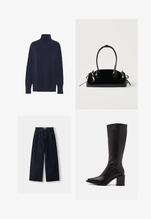 Marineblå turtleneck sweater lavet af strikstof, med en afslappet pasform, ribbede manchetter og et diskret broderet logo på ærmet.; Mørkeblå denim wide-leg jeans med høj talje, fem lommer, kontraststing og sølvfarvet metalbeslag. Glat overflade og pæn finish.; Zign by Zalando LEATHER - Høje støvler/ Støvler - black; Lille sort blank håndtaske med to lange håndtag og snøre-detaljer i siden på en ensfarvet lys baggrund.