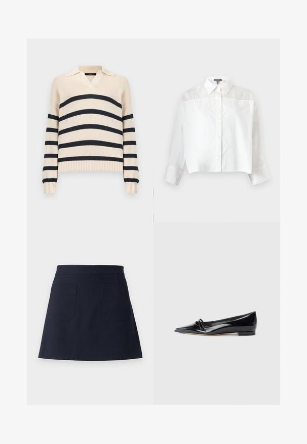 Pull beige en tricot avec des rayures horizontales noires sur le corps et les manches, doté d'un ourlet côtelé, de poignets côtelés et d'un petit col.; Chemise blanche à manches longues avec boutons, col pointu et ourlet légèrement raccourci, présentée sur un fond clair uni.; Jupe bleu marine en tissu robuste, dotée d'une ceinture ajustée, d'une forme évasée, et de deux poches plaquées à l'arrière avec des surpiqûres contrastantes.; Chaussure plate en cuir verni noir avec un bout pointu, une petite lanière décorative et un petit talon carré. Texture lisse et design épuré.