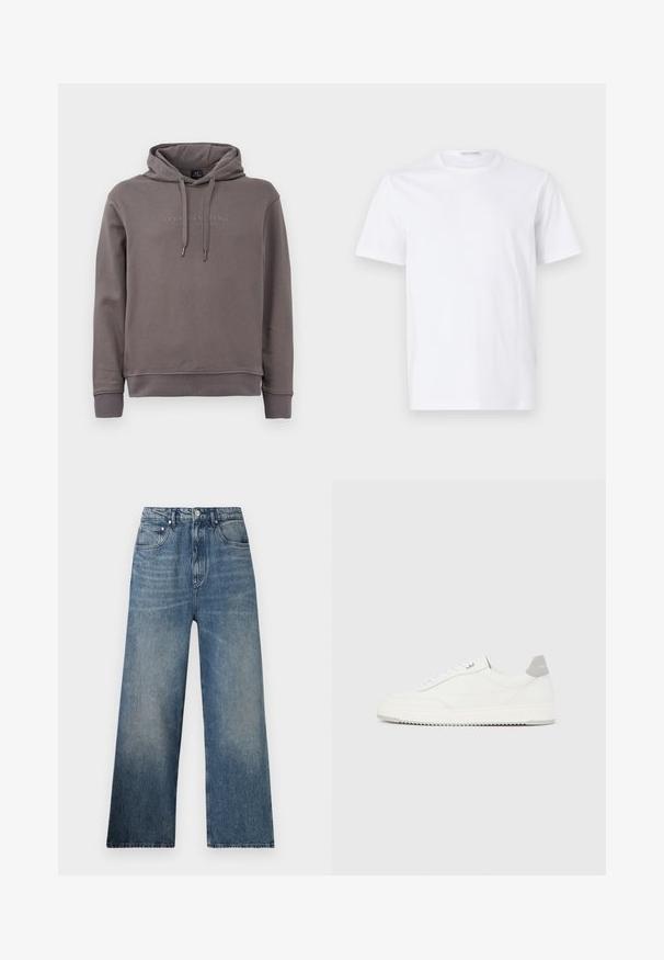 Hoodie gris avec poche kangourou à l'avant, cordons de serrage ajustables et texte du logo brodé. Fabriqué dans un tissu en mélange de coton doux.; T-shirt en coton blanc avec un col rond et des manches courtes. Texture lisse, coupe droite et design minimaliste sans motifs ni accents.; Jean large en denim bleu à taille haute, avec une légère décoloration, cinq poches et une fermeture à bouton en métal à l'avant.; Baskets basses blanches avec un onglet de talon gris, des lacets blancs et une semelle texturée, présentées sur un fond uni clair.
