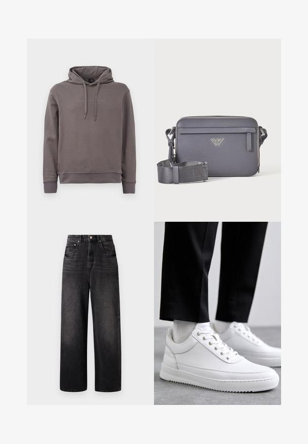 Hoodie gris avec poche kangourou à l'avant, cordons de serrage ajustables et texte du logo brodé. Fabriqué dans un tissu en mélange de coton doux.; Jeans en denim noir avec une coupe ample, taille haute, cinq poches et une fermeture à bouton visible. Présente un délavage subtil et une coupe droite.; Baskets blanches en cuir avec une semelle en caoutchouc plat, présentant une finition lisse, un bout rond et des œillets en métal pour les lacets. Portées avec un pantalon noir.; Sac bandoulière rectangulaire gris foncé avec sangle réglable, poche avant zippée et emblème de logo argenté.