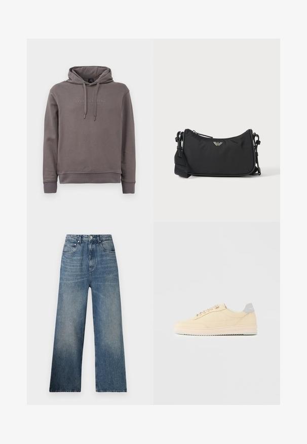 Grå hoodie med en front kangaroo lomme, justerbare snore og broderet logo tekst. Lavet af blødt bomuldsblandingsstof.; Blå denim bredbenede jeans med høj talje, subtilt slid, fem lommer og metalknaplukning foran.; Beige lavtop sneaker med snørelukning foran, lyserød sål og grå hællap med mærket "Filling Pieces", vist i profil på ensfarvet baggrund.; Sort rektangulær crossbody taske med sølv brandlogoemblem og justerbar rem på lys baggrund.