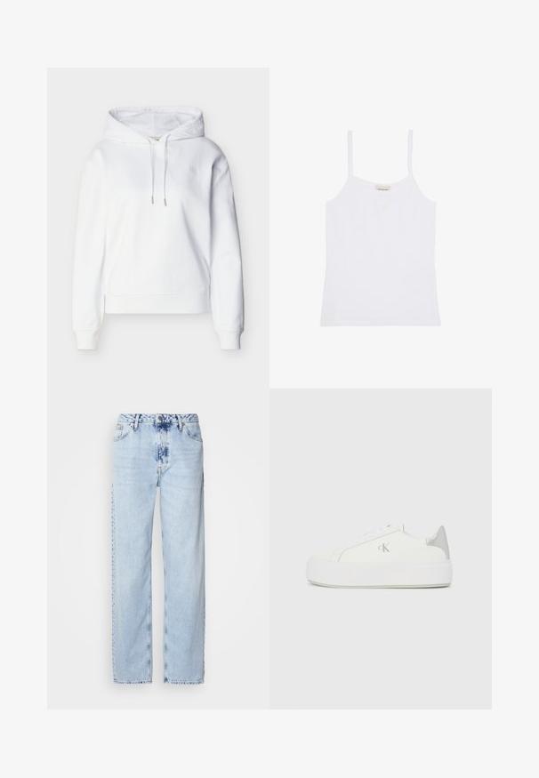 Valge pika varrukaga kapuutsiga dressipluus paeladega, soonikkoes mansettide ja alläärtega ning vasakul rinnal tagasihoidlik "ck" logo.; Valge Calvin Klein naiste tanktop õhukeste õlapaelte ja lihtsa, kehasse istuva disainiga.; Heledad sinise värvi laiad teksad, mis on valmistatud denimist, kõrge vöökoht, pleekinud pesu ja peen tie-dye muster ettepoole.; Valged kangast tennisekingad paksu valge tallaga, millel on metallist hõbedane aksent kandadel ja tagasihoidlik logodetail küljel.