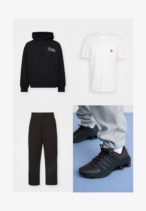 Sudadera negra de tejido suave, con bolsillo canguro, capucha con cordón y texto de logo blanco en la parte izquierda del pecho.; Camiseta de algodón blanca con mangas cortas, un bolsillo en el pecho y un pequeño parche cuadrado de logo en naranja y blanco en el bolsillo.; Pantalones negros de tela suave, con cierre de botón, corte recto y dos pliegues frontales que añaden detalle.; Persona vestida con zapatillas Nike Shox negras y pantalones de chándal grises, de pie sobre una alfombra azul claro.