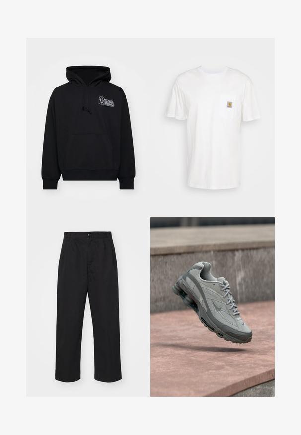 Sudadera negra de tejido suave, con bolsillo canguro, capucha con cordón y texto de logo blanco en la parte izquierda del pecho.; Camiseta de algodón blanca con mangas cortas, un bolsillo en el pecho y un pequeño parche cuadrado de logo en naranja y blanco en el bolsillo.; Pantalones de algodón negros con corte recto, con cierre de botón, dos bolsillos delanteros y una textura suave.; Zapatilla Nike gris y blanca suspendida sobre un escalón de piedra con amortiguación de aire visible y suela texturizada.
