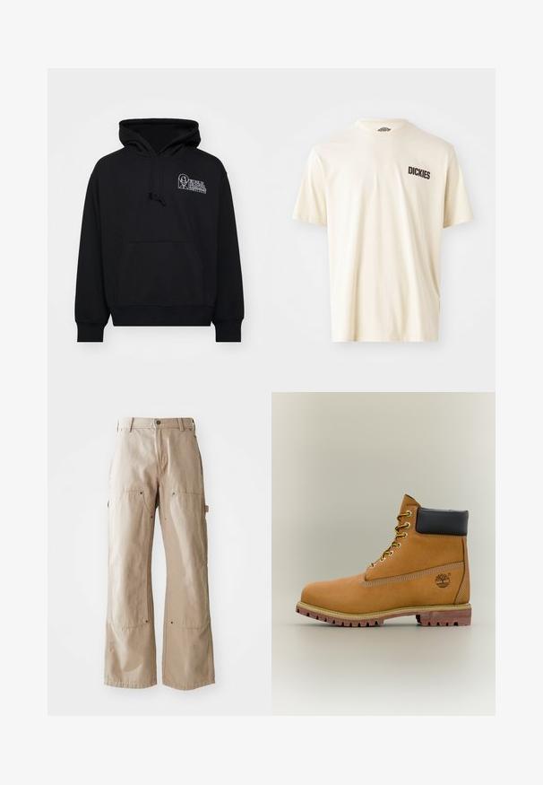 Sudadera negra de tejido suave, con bolsillo canguro, capucha con cordón y texto de logo blanco en la parte izquierda del pecho.; Camiseta de algodón color beige claro con mangas cortas y escote redondo. Presenta un texto de logotipo en color marrón oscuro "DICKIES" en la zona del lado izquierdo del pecho.; Pantalones de pierna ancha beige, confeccionados en un resistente tejido de algodón. Cuenta con bolsillos delanteros y laterales, costuras visibles y acentos de metal en los bolsillos.; Bota de tobillo de cuero marrón con cuello negro, cordones amarillos y suela beige. Presenta un logotipo y detalles de costura blanca. Suela exterior con tracción robusta.
