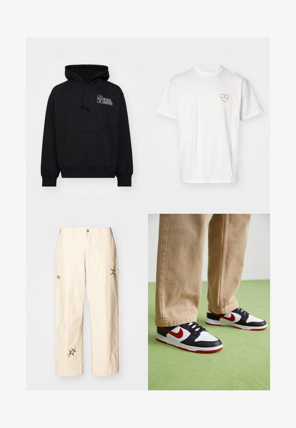 Sudadera negra de tejido suave, con bolsillo canguro, capucha con cordón y texto de logo blanco en la parte izquierda del pecho.; Camiseta de algodón blanca de manga corta, con un diseño de un corazón rojo y texto en el área izquierda del pecho. Estilo de cuello redondo clásico.; Obey Clothing BIG TIMER CARPENTER - Pantalones cargo - clay; Las zapatillas Nike Dunk presentan un diseño de cuero negro con acentos rojos y un swoosh blanco. La suela es roja, con una puntera blanca texturizada.
