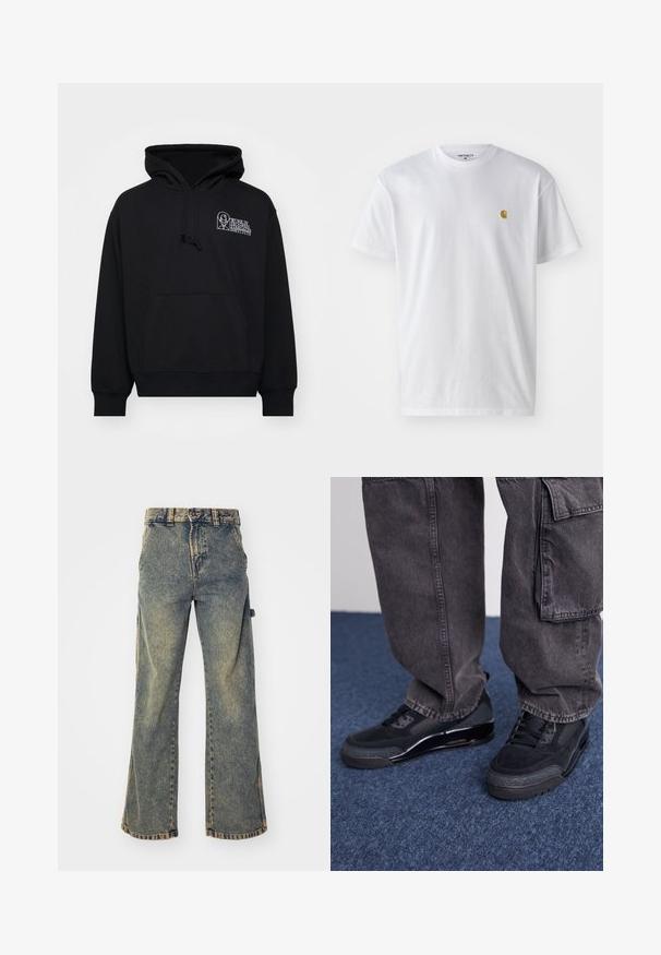 Sudadera negra de tejido suave, con bolsillo canguro, capucha con cordón y texto de logo blanco en la parte izquierda del pecho.; Camiseta de algodón blanca con mangas cortas, cuello redondo, que presenta un pequeño logo dorado en la parte izquierda del pecho. Textura suave y corte regular.; Jeans de mezclilla de pierna ancha y cintura alta en un tono azul desgastado, con cinco bolsillos, lazos para cinturón y un dobladillo sin terminar con detalles de costura visibles.; Zapatillas deportivas negras con una superficie texturizada, acentos suaves y una suela gruesa, combinadas con pantalones cargo oscuros y holgados.