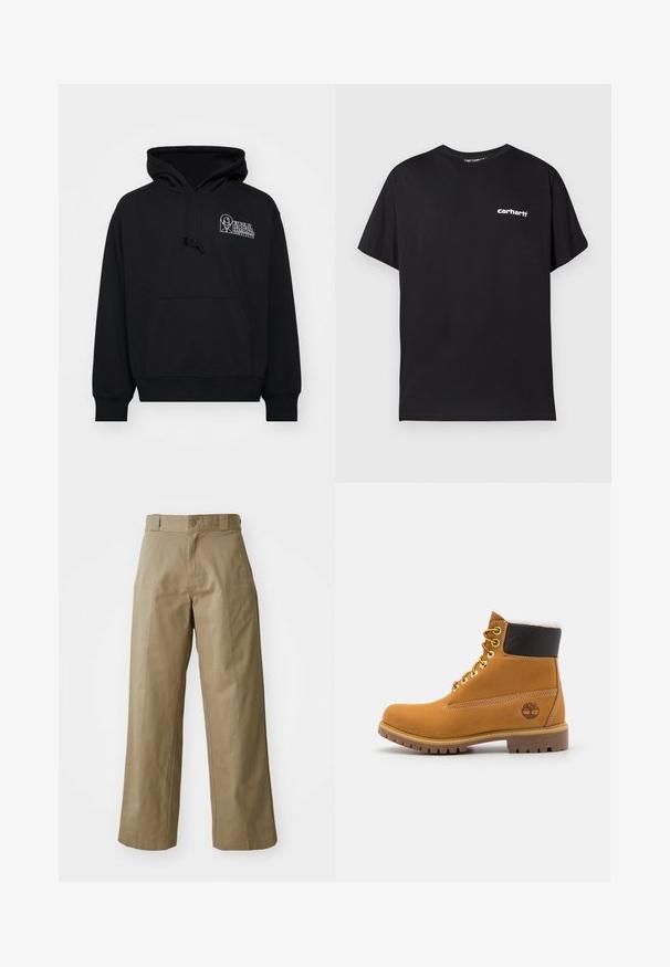 Sudadera negra de tejido suave, con bolsillo canguro, capucha con cordón y texto de logo blanco en la parte izquierda del pecho.; Camiseta de algodón negra con un ajuste holgado, que cuenta con mangas cortas y un logo blanco de "Carhartt" situado en el área del pecho izquierdo.; Pantalones de pierna ancha en caqui, confeccionados en una mezcla de algodón, con un cierre de un solo botón y bolsillos laterales visibles. Textura suave, detalle de pliegue.; Botín de cuero marrón con ojales de metal, forro de piel sintética blanca, cuello acolchado negro, suela resistente y logotipo en relieve en el costado.