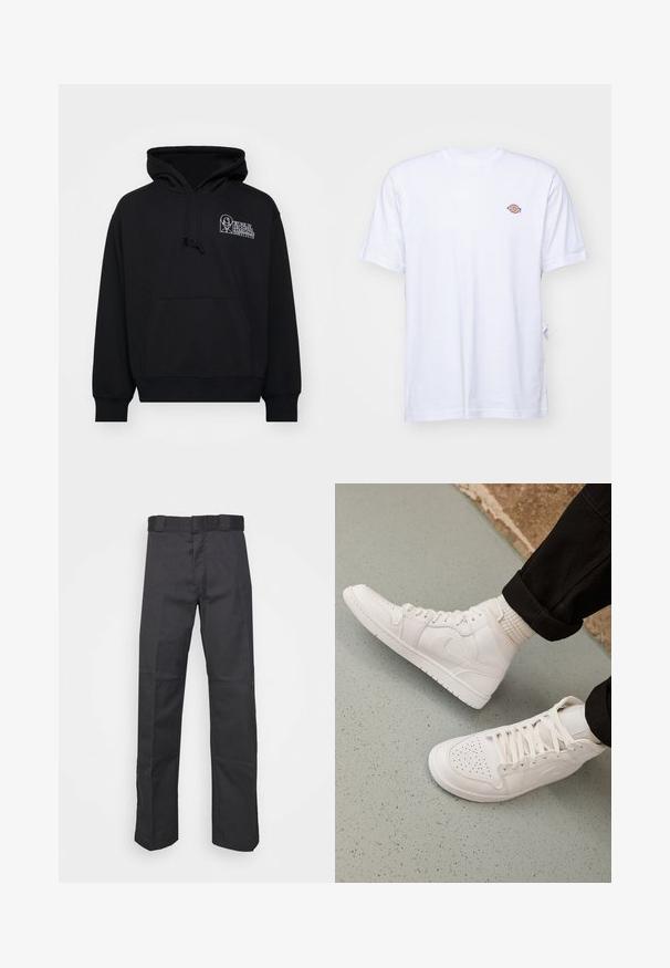 Sudadera negra de tejido suave, con bolsillo canguro, capucha con cordón y texto de logo blanco en la parte izquierda del pecho.; Camiseta de algodón blanca con cuello en V y mangas cortas. Presenta un pequeño logo bordado de colores en el lado izquierdo del pecho. Textura suave.; Pantalones negros de tela duradera, con un diseño de pierna recta, una cinturilla con trabillas para cinturón y costuras para mayor textura.; Zapatillas altas blancas hechas de cuero suave con puntera perforada, cierre de cordones y sutil detalle del logo en el lateral. Suela de goma texturizada.