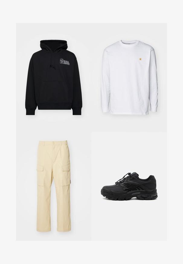 Sudadera negra de tejido suave, con bolsillo canguro, capucha con cordón y texto de logo blanco en la parte izquierda del pecho.; Camiseta de manga larga blanca de algodón. Cuenta con un pequeño logo dorado en el pecho y un cuello redondo. Diseño simple y corte estándar.; Pantalones cargo beige hechos de tela con cinturilla elástica y cierre de botón. Presenta dos bolsillos laterales y un diseño simple.; Zapatilla deportiva negra con tejido texturizado, suela gruesa y acolchada, ventilaciones y cierre con cordones, mostrada de lado sobre un fondo claro.