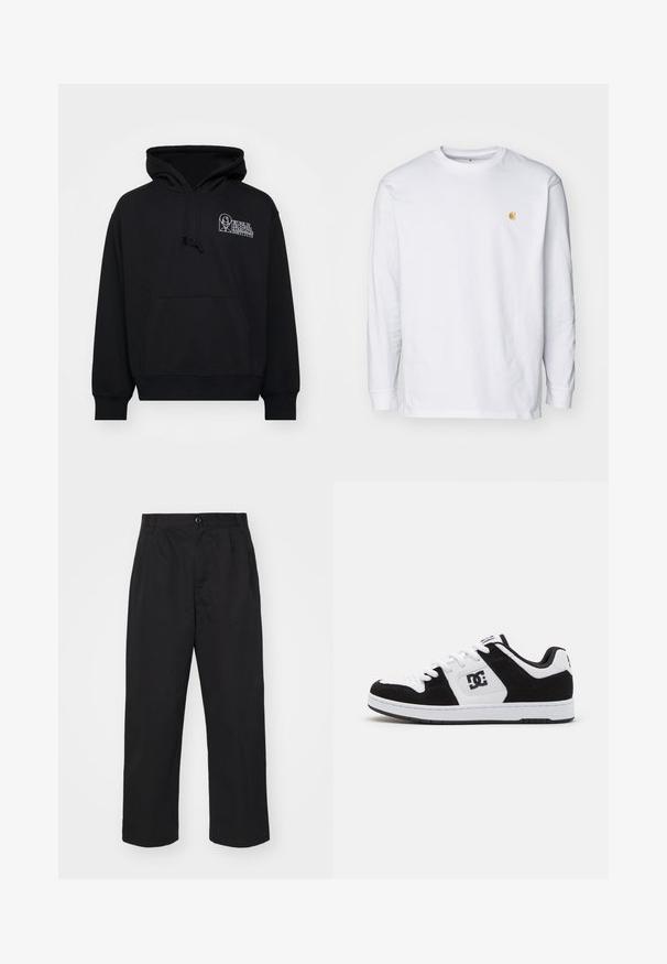 Sudadera negra de tejido suave, con bolsillo canguro, capucha con cordón y texto de logo blanco en la parte izquierda del pecho.; Camiseta de manga larga blanca de algodón. Cuenta con un pequeño logo dorado en el pecho y un cuello redondo. Diseño simple y corte estándar.; Pantalones de algodón negros con corte recto, con cierre de botón, dos bolsillos delanteros y una textura suave.; Zapatilla en blanco y negro con una combinación de materiales de cuero y ante, que presenta una puntera perforada, acentos texturizados y detalle del logo.