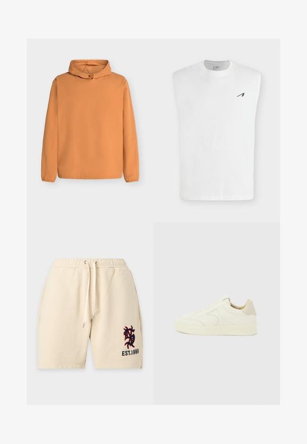 Pull à capuche orange à manches longues avec poignets élastiques et cordon de serrage réglable à l'avant de la capuche, présenté sur un fond clair.; T-shirt blanc sans manches avec un petit logo noir incliné au niveau de la poitrine gauche et un col rond.; Short beige à cordon avec poches latérales et logo noir et rouge brodé avec le texte "EST. 1999" sur la jambe gauche.; Baskets basses de couleur crème avec des détails de couture subtils, une semelle épaisse et un col rembourré sur un fond gris clair uni.