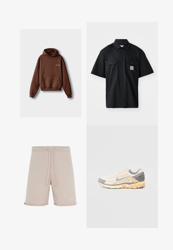 Sudadera marrón hecha de tela suave, con un bolsillo frontal, puños acanalados y capucha con cordón. Incluye logotipo bordado en blanco.; Camisa negra de manga corta hecha de tejido entrelazado, con cierre de botones en la parte delantera, dos bolsillos en el pecho y un pequeño parche de logo naranja.; Pantalones cortos beige hasta la rodilla con cintura elástica, cordones delanteros y pequeño logo blanco en la parte inferior de la pierna izquierda.; Zapatilla de running ligera en color crema y naranja, con parte superior de malla, cuello acolchado y detalles en gris texturizados en el talón y la suela.