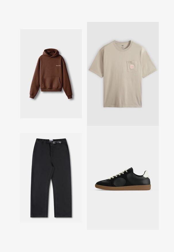 Hoodie marron en tissu doux, avec une poche frontale, des poignets côtelés et une capuche à cordon. Comprend un logo brodé blanc.; T-shirt beige en coton à manches courtes avec poche poitrine ornée d'une petite étiquette rouge et blanche, présenté sur un fond uni.; Pantalon noir à jambes droites avec taille élastique et fermeture latérale à boucle, présenté sur fond blanc.; Baskets basses noires avec détail blanc au talon, lacets beiges et semelle en caoutchouc marron, visibles de profil sur fond blanc.