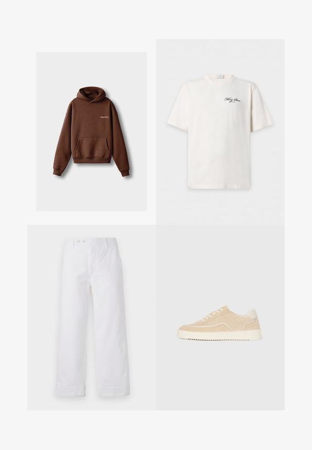 Brun hoodie lavet af blødt stof, med en frontlomme, ribbede manchetter og en hætte med snøring. Indeholder hvidt broderet branding.; Hvid T-shirt med korte ærmer med lille sort kursiv tekst "Filling Pieces" på øverste venstre bryst, vist på ensartet lys baggrund.; Hvide bomulds bukser med vidde og høj talje, der har knaplukning og ombukket kant. Glat tekstur og klassisk design.; Beige ruskinds sneakers med hvid sål og snørebånd, lavtop design og zigzag mønster på sålen.