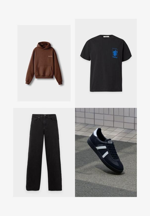 Brun hoodie lavet af blødt stof, med en frontlomme, ribbede manchetter og en hætte med snøring. Indeholder hvidt broderet branding.; Sort t-shirt med korte ærmer med blå grafik af et hoved og tekst "Live Tonight... replay" på venstre bryst.; Sorte denimjeans med lige ben, fem lommer og knaplukning. Teksturstof og minimalistisk æstetik.; Sort lædersneaker med hvide striber, tekstureret gummisål og snørrebånd foran. Har et brandet mærke på tungen.