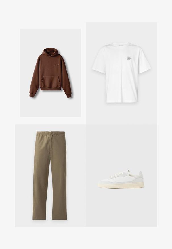 Sudadera marrón hecha de tela suave, con un bolsillo frontal, puños acanalados y capucha con cordón. Incluye logotipo bordado en blanco.; Camiseta blanca de algodón con mangas cortas, cuello redondo y un pequeño logo gris en el lado izquierdo del pecho. Textura suave.; Pantalones caqui hechos de tela ligera. Presentan una cinturilla elástica, un cierre de botón, piernas rectas y una textura suave.; Zapatilla blanca con parte superior texturizada de ante y cuero. Presenta una puntera redondeada, cierre con cordones y suela de goma beige contrastante.