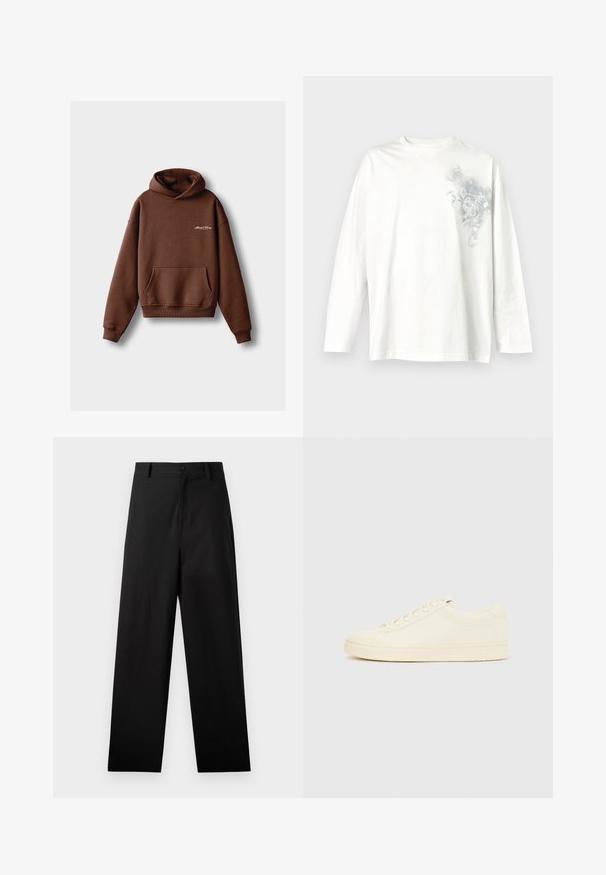 Bruine hoodie van zacht materiaal, voorzien van een voorzak, ribboorden en een capuchon met trekkoord. Inclusief witte geborduurde branding.; Witte longsleeve met ronde hals en een subtiel grijs bloemmotief op de bovenste linkerborst.; Zwarte broek van katoen met een rechte pijpdesign, voorzien van een sluiting met een knoop aan de voorkant en zijzakken. Gladde textuur, geen patronen.; Slofkleurige sneaker met een glad leren bovenwerk, ronde neus, vetersluiting en een geribbelde rubberen zool. Minimalistisch ontwerp, zonder logo's.
