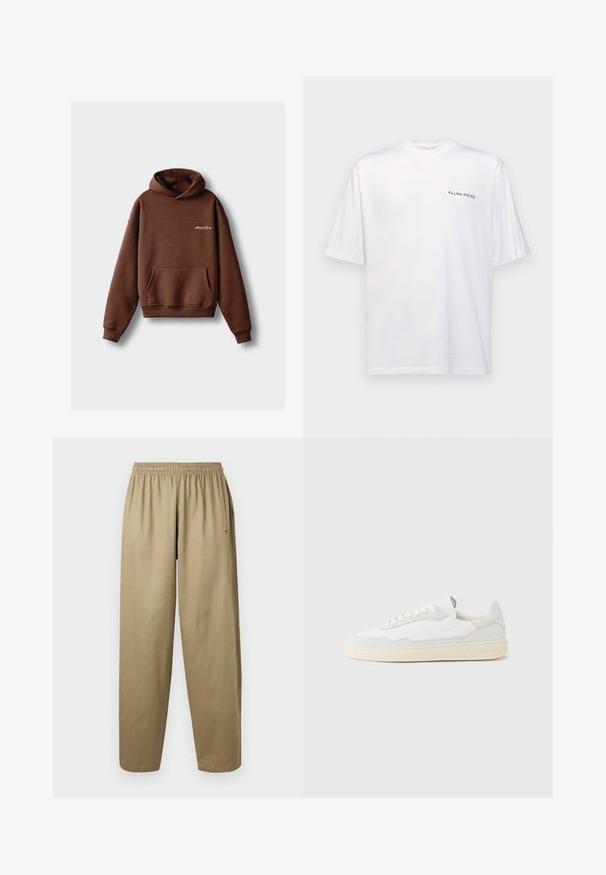 Brauner Kapuzenpullover aus weichem Material, mit einer Fronttasche, gerippten Bündchen und einer Kordelzugkapuze. Enthält weiße gestickte Markenlogo.; Weißes kurzärmliges T-Shirt aus Baumwolle mit V-Ausschnitt, mit einem schwarzen "FILLING PIECES" Logo, das auf der linken Seite gedruckt ist.; Locker sitzende khakifarbene Hose mit elastischem Bund und Seitentaschen, vor weißem Hintergrund präsentiert.; Weißer Sneaker mit strukturiertem Obermaterial aus Wildleder und Leder. Verfügt über eine runde Zehenpartie, Schnürverschluss und eine kontrastierende beige Gummisohle.