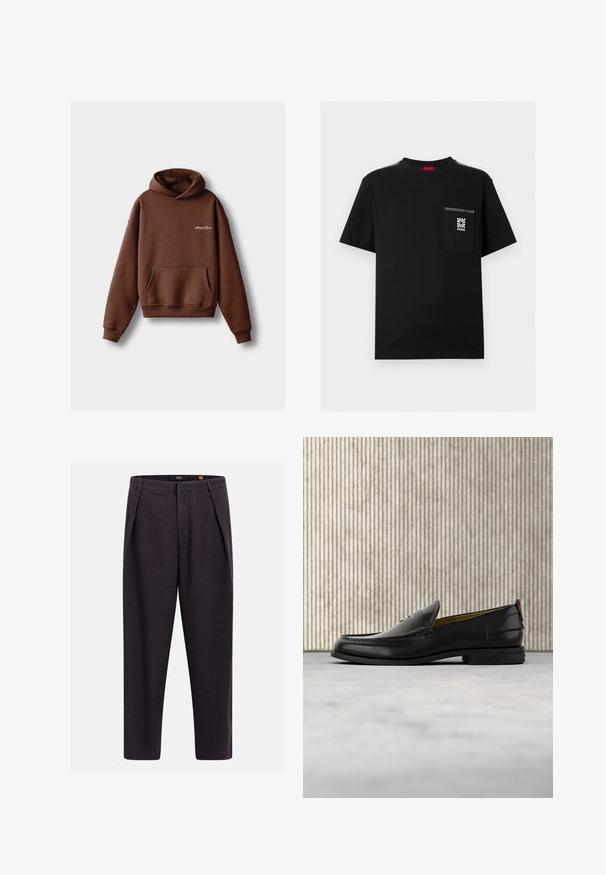 Bruine hoodie van zacht materiaal, voorzien van een voorzak, ribboorden en een capuchon met trekkoord. Inclusief witte geborduurde branding.; Zwart T-shirt met korte mouwen met witte stikseldetails op schouders en zak, met een wit bloemenlogo en de tekst "HUGO" op de borstzak.; Donkere grijze, op maat gemaakte broek met riemlussen, voorplooien en een rechte pijp.; Zwarte leren herenslipper met een krokodillen-embossed voorblad en een lage hak, zij-aanzicht op een neutrale achtergrond.