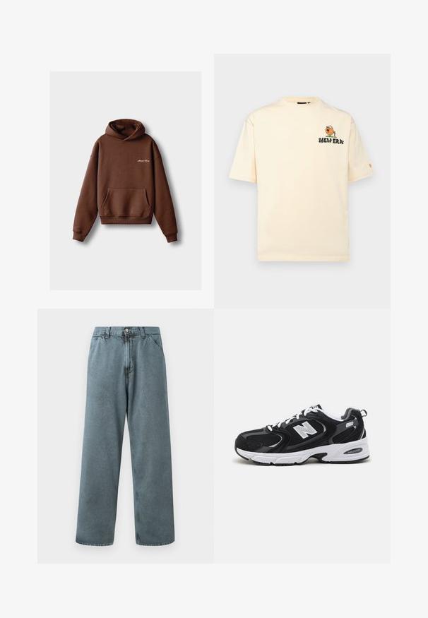 Pruuni kapuutsiga sviiter pehmest kangast, millel on eesmine tasku, soonikud varrukatel ja reguleeritav kapuuts. Sisaldab valget tikandiga brändimist.; New Era CITY GRAPHIC TEE - Trükipildiga T-särk - beige; Heledad sinine denim-püksid sirge säärega, klassikalise nööbiga kinnituse ja viie tasku disainiga. Pehme tekstuur ja minimaalsed õmblusdetailid.; Must värvi ja hallid spordijalatsid, mille ülemine osa on valmistatud võrgust ja nahast, valge vaheosaga, paeltega ja küljel julge "N" logo.
