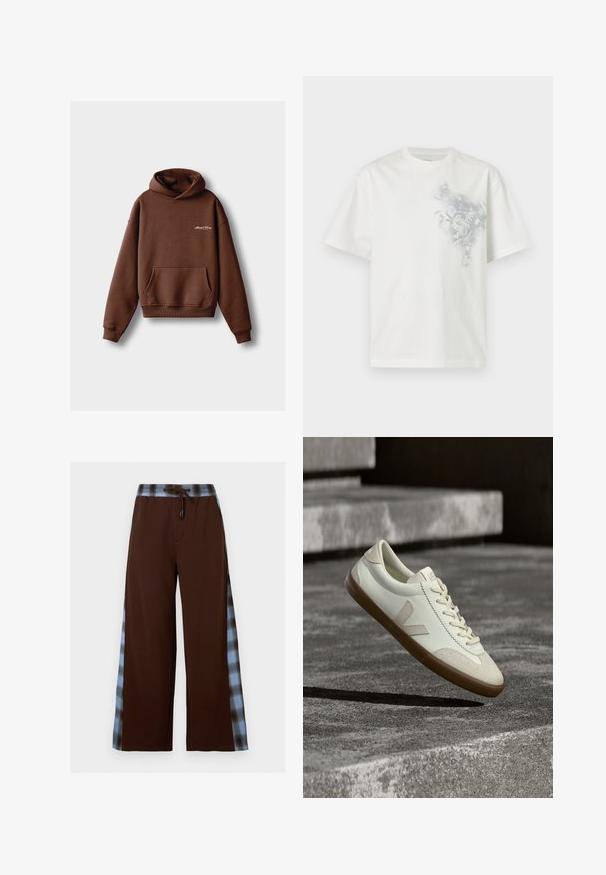 Brauner Kapuzenpullover aus weichem Material, mit einer Fronttasche, gerippten Bündchen und einer Kordelzugkapuze. Enthält weiße gestickte Markenlogo.; Weißes T-Shirt mit kurzen Ärmeln und rundem Ausschnitt mit einem verblassten grauen Blumenmuster auf der oberen linken Vorderseite.; Braune Hose mit weitem Bein, blauen und schwarzen karierten Seitenstreifen und Kordelzug in der Taille.; Weiße Leder-Sneaker mit beige-gummiartiger Sohle, flachen Schnürsenkeln und V-förmigem Akzent an der Seite. Verfügt über eine glatte Oberfläche und minimale Nahtdetails.