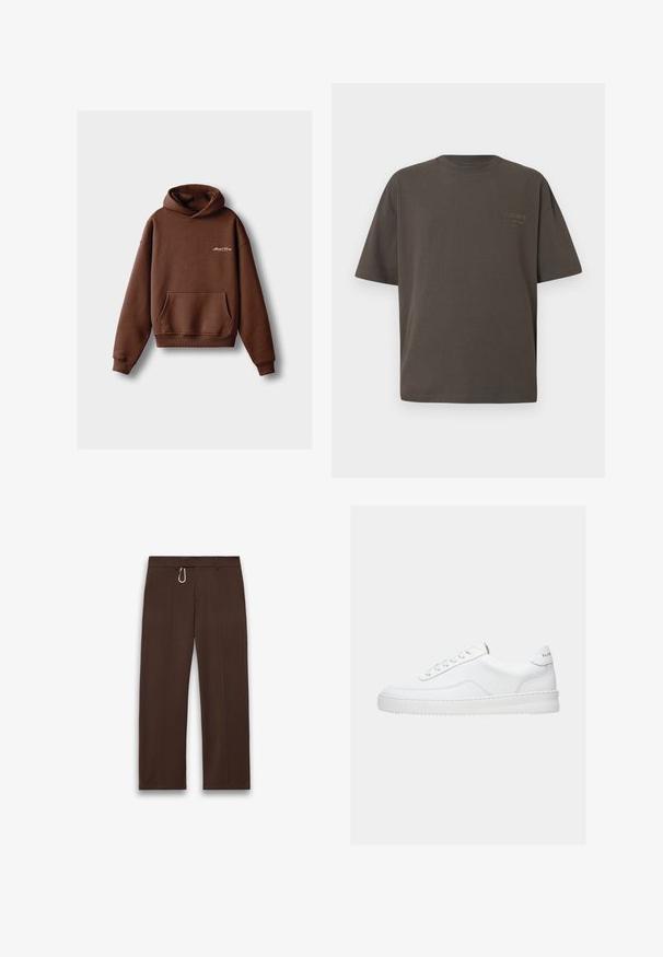 Bruine hoodie van zacht materiaal, voorzien van een voorzak, ribboorden en een capuchon met trekkoord. Inclusief witte geborduurde branding.; Donkerbruine T-shirt met korte mouwen en ronde hals met een subtiel logo op de linkerborst, weergegeven tegen een witte achtergrond.; Donkerbruine rechte broekspijpen met lussentjes voor een riem en een klein zilveren karabijnhaakje bevestigd aan de tailleband.; Witte lage sneaker met vetersluiting, glad leren bovenwerk en dikke zool, gezien vanuit de zijkant tegen een effen achtergrond.