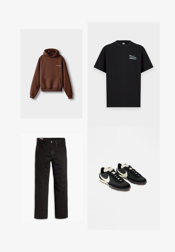 Sudadera marrón hecha de tela suave, con un bolsillo frontal, puños acanalados y capucha con cordón. Incluye logotipo bordado en blanco.; Camiseta negra de manga corta hecha de algodón, con un logo gráfico frontal "Dickies" en un color claro contrastante. Diseño estándar de cuello redondo.; Vaqueros de mezclilla negros de pierna recta con cinco bolsillos, cierre de botón y trabillas para cinturón, dispuestos sobre un fondo blanco.; Zapatillas deportivas negras con una parte superior texturizada, logo de swoosh blanco y suela de goma con pequeñas puas para tracción. Cuello en color crema.