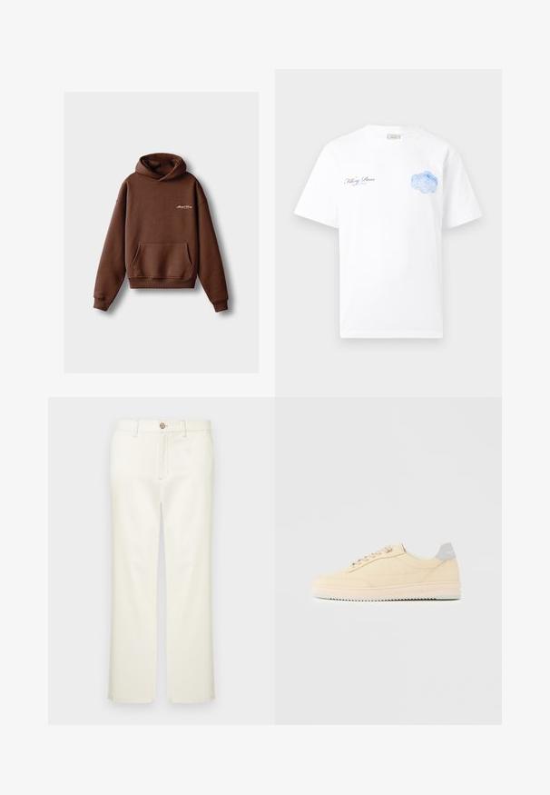 Sudadera marrón hecha de tela suave, con un bolsillo frontal, puños acanalados y capucha con cordón. Incluye logotipo bordado en blanco.; Camiseta blanca de manga corta con texto pequeño en negro y azul "Filling Pieces" en el lado izquierdo del pecho y un gráfico azul abstracto de malla en el lado derecho del pecho.; Pantalones de algodón beige con diseño de pierna recta, que cuentan con bolsillos delanteros, cierre de botón y detalles sutiles de costura.; Zapatilla deportiva beige de corte bajo con cierre de cordones en la parte delantera, suela rosa claro y lengüeta trasera gris con la marca "Filling Pieces", mostrada de perfil sobre un fondo liso.