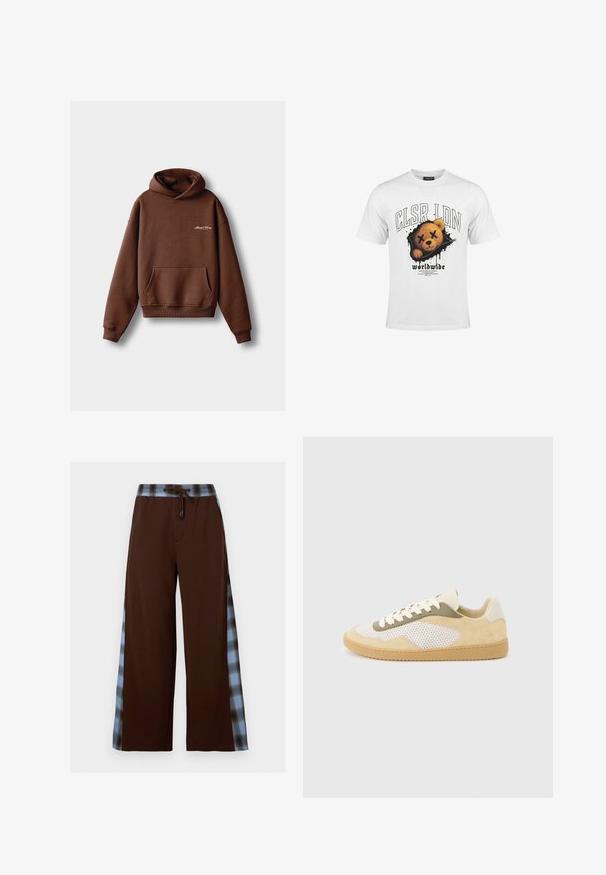 Bruine hoodie van zacht materiaal, voorzien van een voorzak, ribboorden en een capuchon met trekkoord. Inclusief witte geborduurde branding.; Wit T-shirt met afbeelding van een teddybeer gezicht met doorgekruiste ogen en tekst met "CLSR LDN" en "worldwide" eronder.; Bruine wijde broek met blauwe en zwarte geruite zijstrepen en een taille met trekkoord.; Lage sneaker van beige suède, witte mesh panelen, olijfkleurige accenten, witte veters en een zool van kauwgomrubber op een lichtgrijze achtergrond.