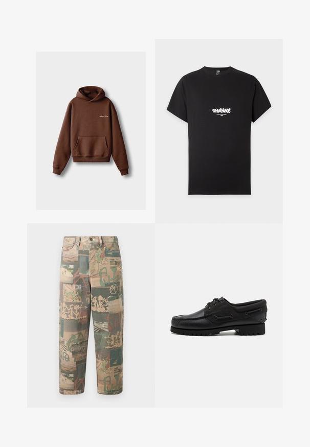 Brauner Kapuzenpullover aus weichem Material, mit einer Fronttasche, gerippten Bündchen und einer Kordelzugkapuze. Enthält weiße gestickte Markenlogo.; Schwarzes T-Shirt mit kurzen Ärmeln, weißem "The North Face" Logo und "Never Stop Exploring" Text, zentriert auf der Brust.; Legere, gerade geschnittene Hosen mit gemischtem Natur-, Graffiti- und abstraktem Muster in gedämpften Grün-, Beige- und Brauntönen auf hellem Hintergrund.; Schwarzer Schuh mit einem Obermaterial aus Leder, textilen Akzenten, runden Schnürsenkeln und einer strukturierten Gummisohle. Verfügt über Mokassin-Nähte und eine Markeninschrift.